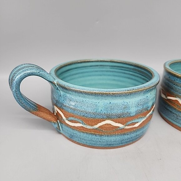 Set Of 2 Artisan Pottery Handeled Bowls Drip Glaze Teal Beige Beautiful - Picture 2 of 7